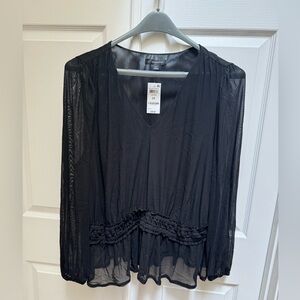 INC black v-neck mesh blouse long sleeve gathered waist 2X  NWT